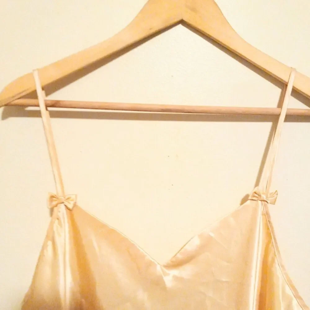 Vintage California Dynasty Liquid Satin Chemise Gown-Large-Bow Detail-Yellow